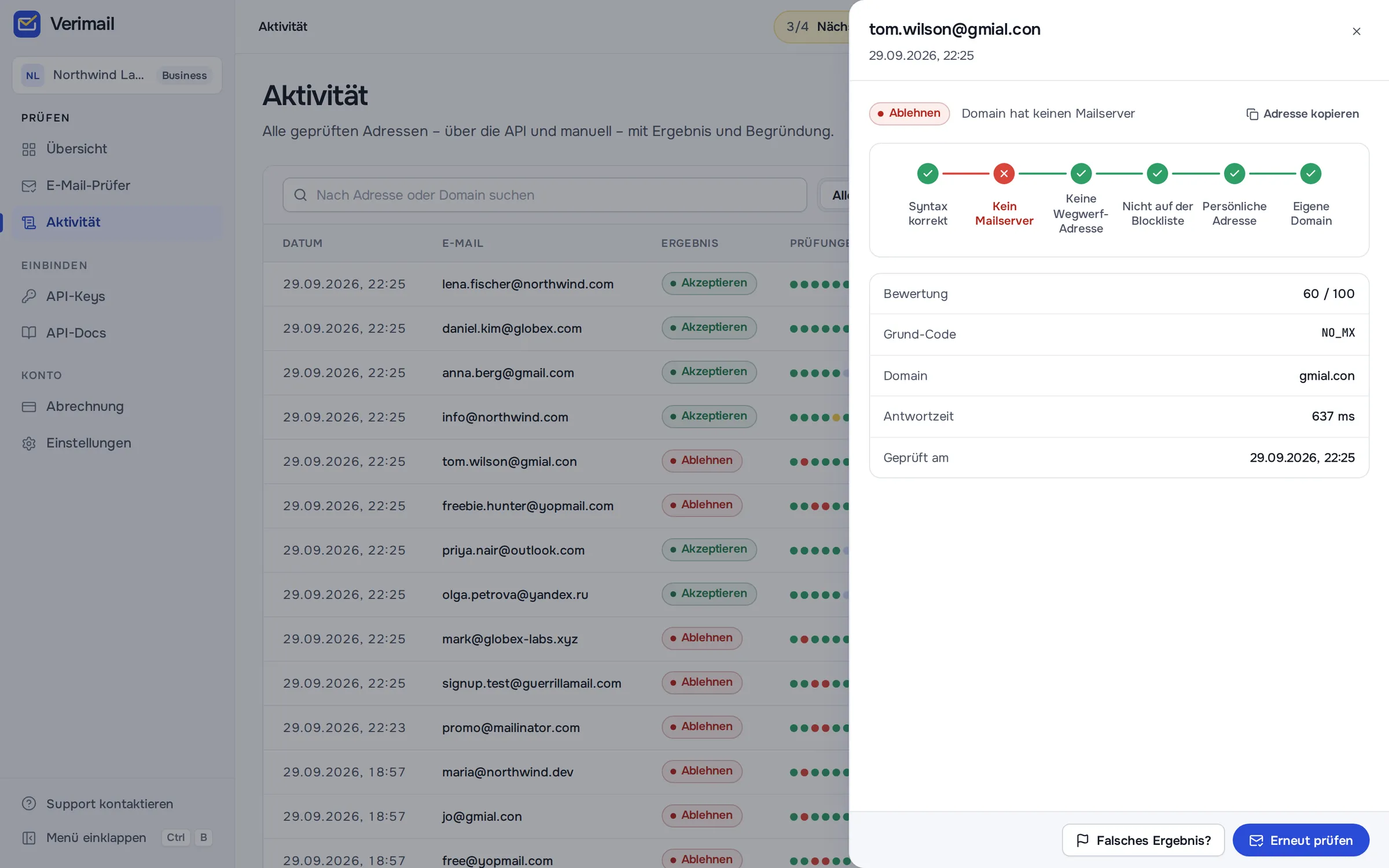 Verimail-Verlauf: alle Prüfungen mit Ergebnis, Grund, Score und Antwortzeit, und eine abgelehnte Prüfung im Seitenpanel geöffnet